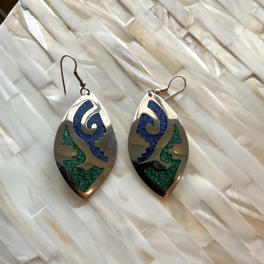 Vintage Earrings Abalone & Silver Blue And Green Two Inch Drop Earrings